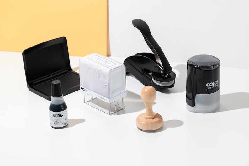 Self inking, wood stamp or embosser options.