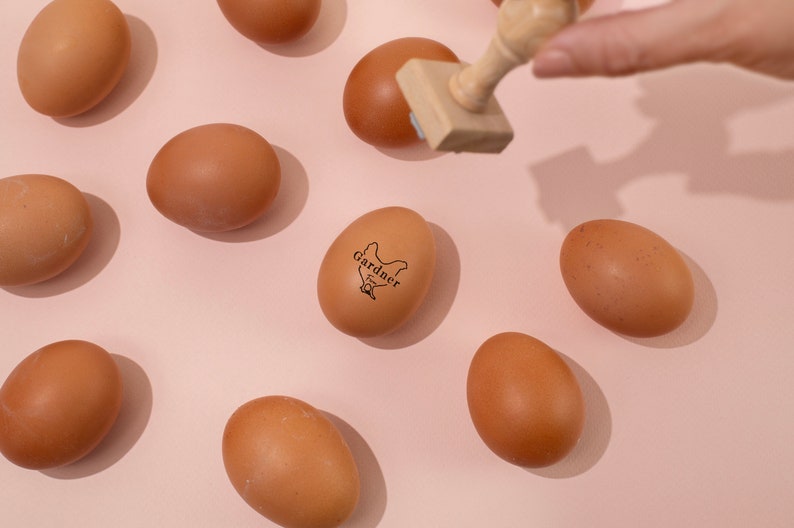 Puede incluir: Primer plano de huevos marrones sobre una superficie rosa. Un huevo est&aacute; estampado con un logotipo en blanco y negro que dice "Gardner Farms" y presenta una silueta de pollo.