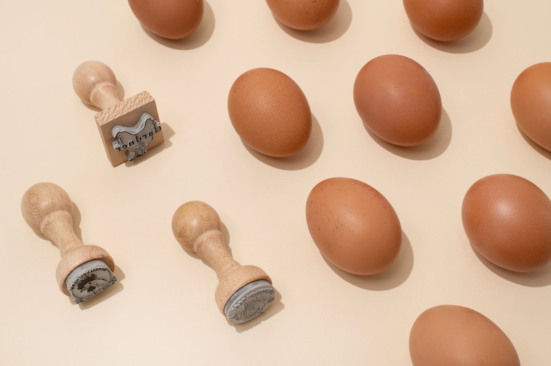Puede incluir: Una vista cenital de huevos marrones y sellos de madera con el texto "Good Eggs" en uno de los sellos.