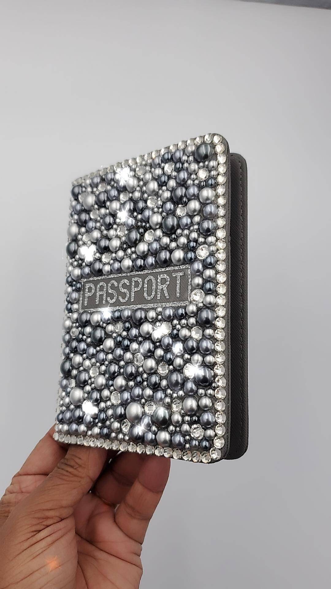 Dark Grey Passport Cover With Pearls and Rhinestones ( Bling