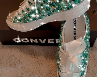 Turquoise Teal Adult Tennis Shoes with Pearl's and  Rhinestones ( Bling )