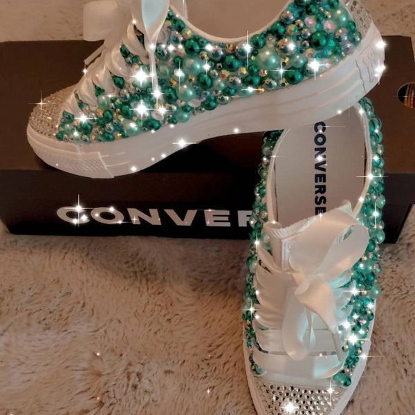 Turquoise Teal Adult Tennis Shoes with Pearl's and  Rhinestones ( Bling )