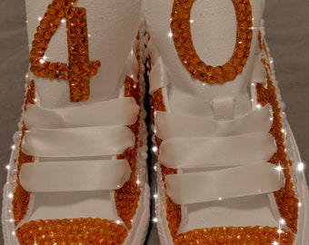 Orange Adult Tennis Shoes with Pearl's and  Rhinestones ( Bling )