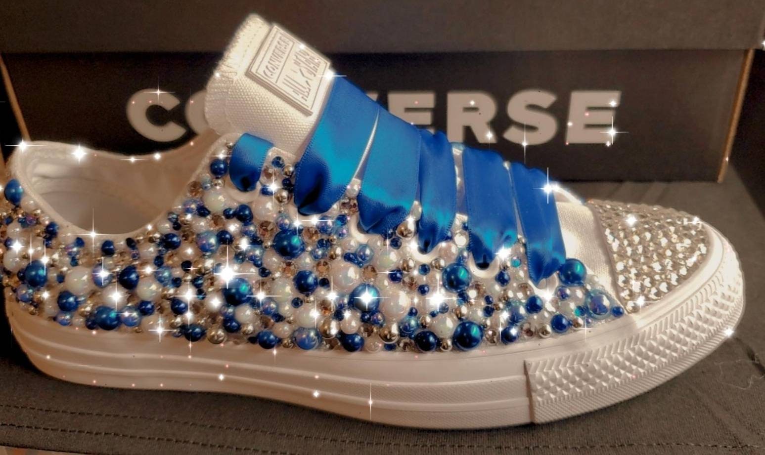 Gold and White Adult Tennis Shoes With Pearl's and Rhinestones Bling 