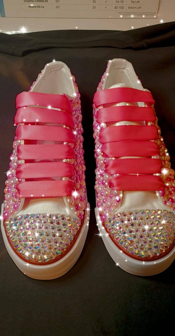Pink Adult Tennis Shoes With Pearl's and Rhinestones Bling 