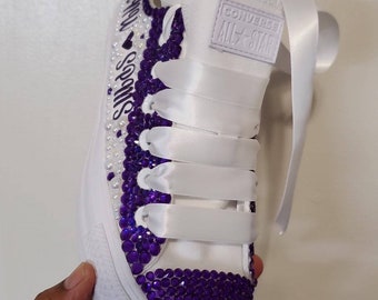 Purple and White Adult Tennis Shoes with Pearl's and  Rhinestones ( Bling )