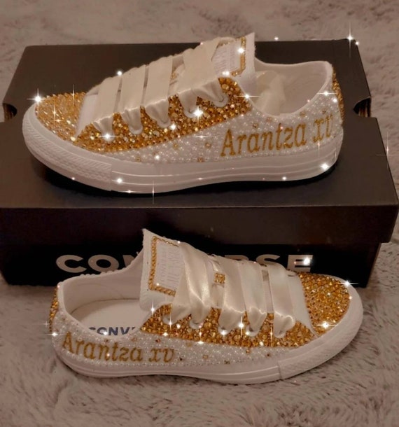 Gold and White Adult Tennis Shoes With Pearl's and Rhinestones Bling 