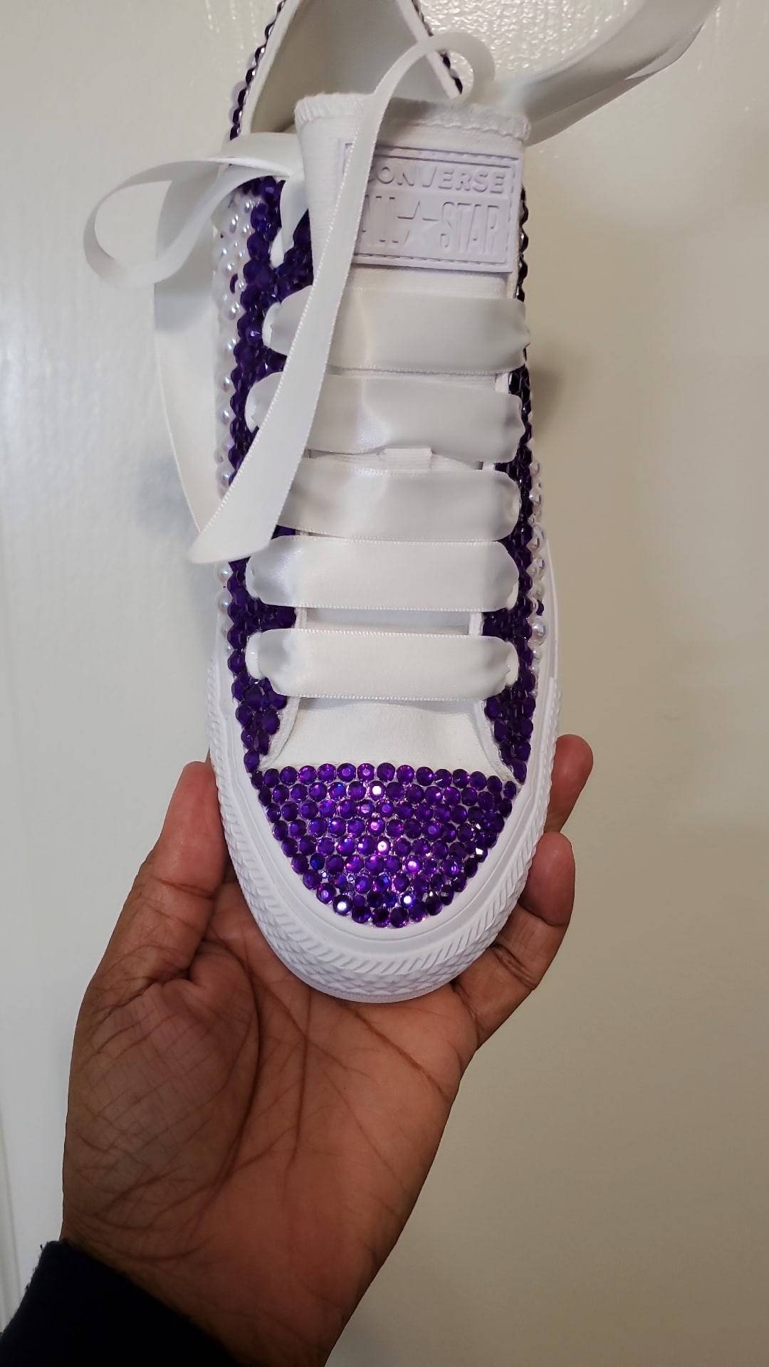 Purple and White Adult Tennis Shoes With Pearl's and Rhinestones
