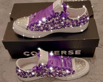 Purple and White Adult Tennis Shoes with Pearl's and  Rhinestones ( Bling )