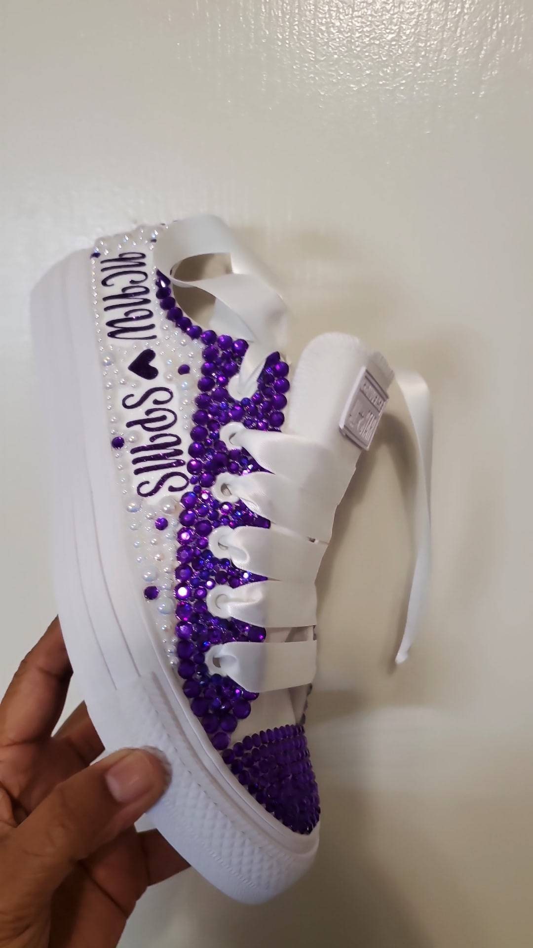 Purple and White Adult Tennis Shoes With Pearl's and Rhinestones Bling 