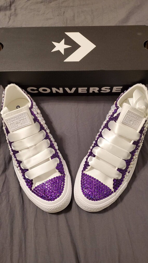 Purple and White Adult Tennis Shoes With Pearl's and Rhinestones Bling 