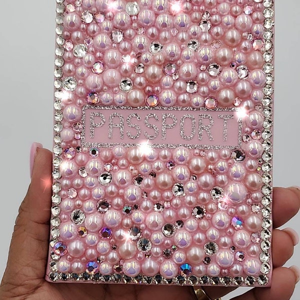 Light Pink Passport Cover with Pearls and  Rhinestones ( Bling )