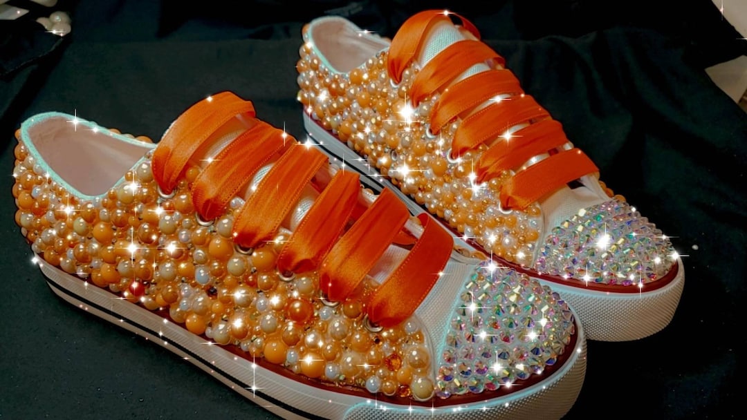 Orange Adult Tennis Shoes With Pearl's and Rhinestones Bling Etsy