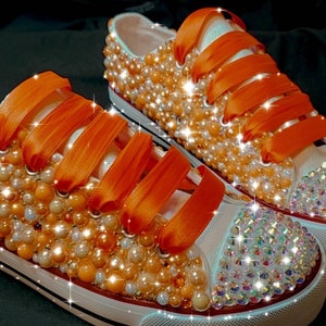 Orange Adult Tennis Shoes with Pearl's and  Rhinestones ( Bling )
