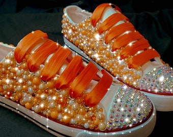 Gold and White Adult Tennis Shoes With Pearl's and Rhinestones Bling 