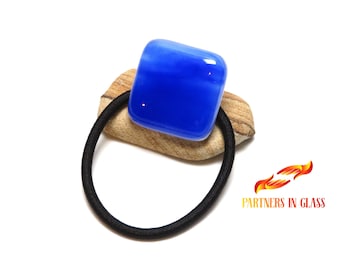 Blue Fused Glass Ponytail Holder: Stylish Hair Accessory for Thick Tresses
