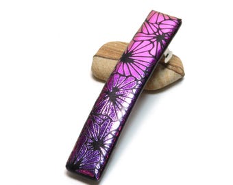Pink Floral Dichroic Glass French Barrette for Thick Hair - Handcrafted Best Friend Birthday Gift