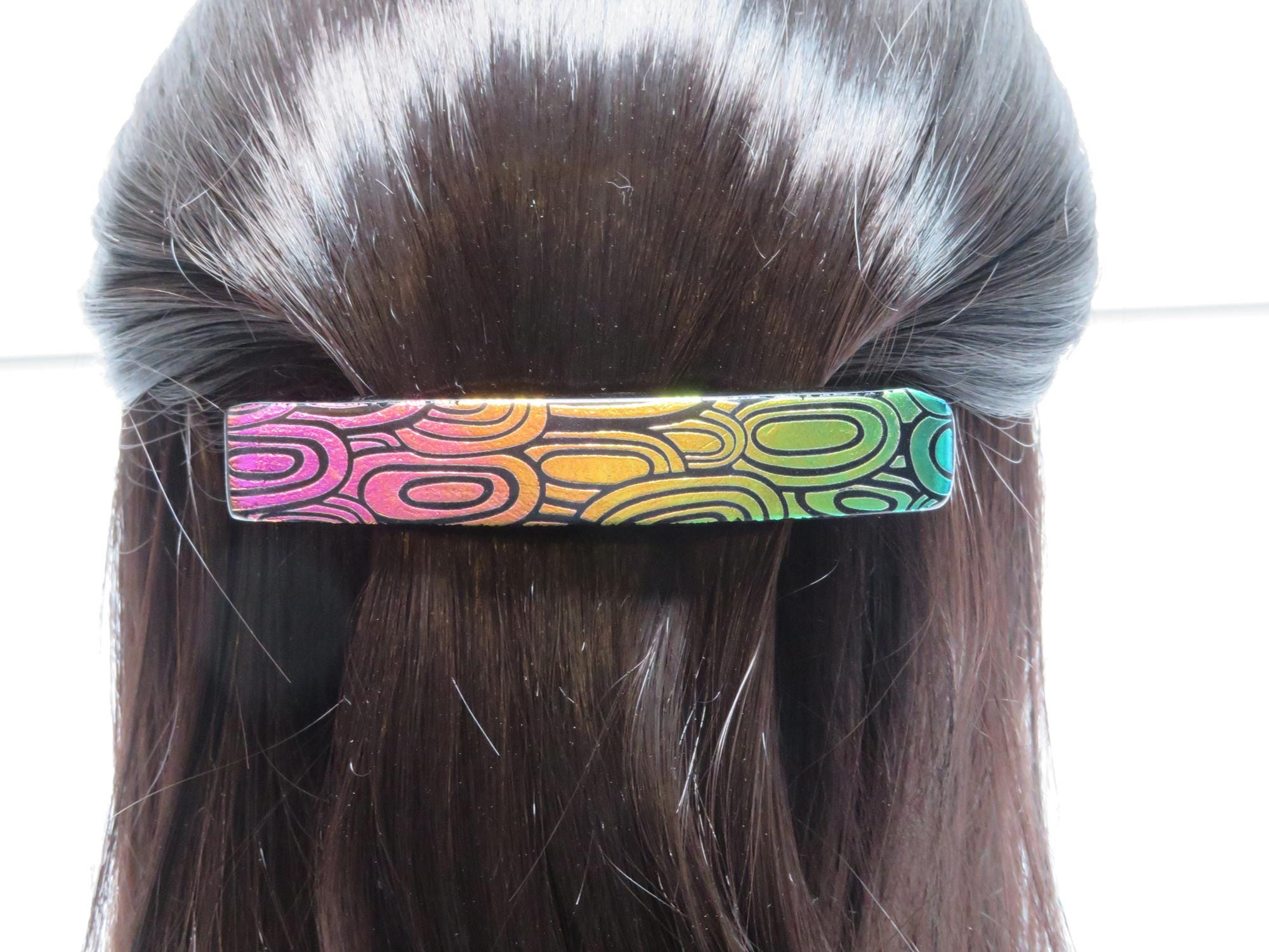 French Barrette for Thick Hair, Colorful Handcrafted Dichroic Glass 4 inch Hair Clip
