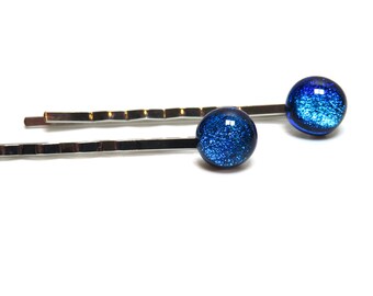 Blue Dichroic Glass Hair Pins: Handcrafted Hair Accessories for Weddings, Parties & Gifts