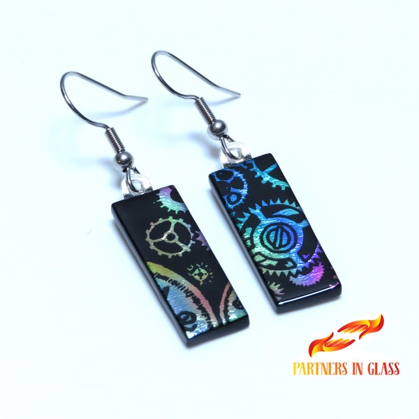 Dichroic Glass Earrings Steam Punk Handmade for Sister Birthday Gift, Unique Statement Earrings, Fused Glass Earrings for Best Friend