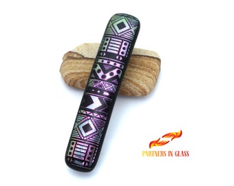Pink 3-inch Etched Dichroic Glass Hair Barrette - Handcrafted Pink & Black Accessory for Women