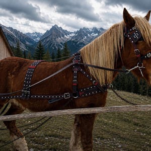 May include: A brown horse with a blonde mane and a leather harness stands near a wooden fence. The horse is in front of a mountain range and a wooden building. The harness has white dot accents.