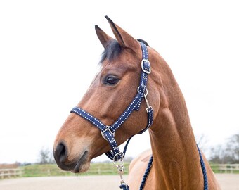 Horse Halter and Lead Rope Set | Adjustable Nylon Halter | 2m Cotton Lead Rope | Chrome Hardware | Full & Cob Sizes