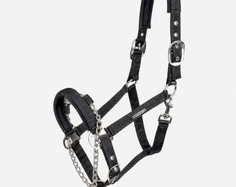 Horse Safety Halter with Chain Black | Adjustable Nylon Horse Halter | Training Headcollar | Cob Full | Premium Horse Tack