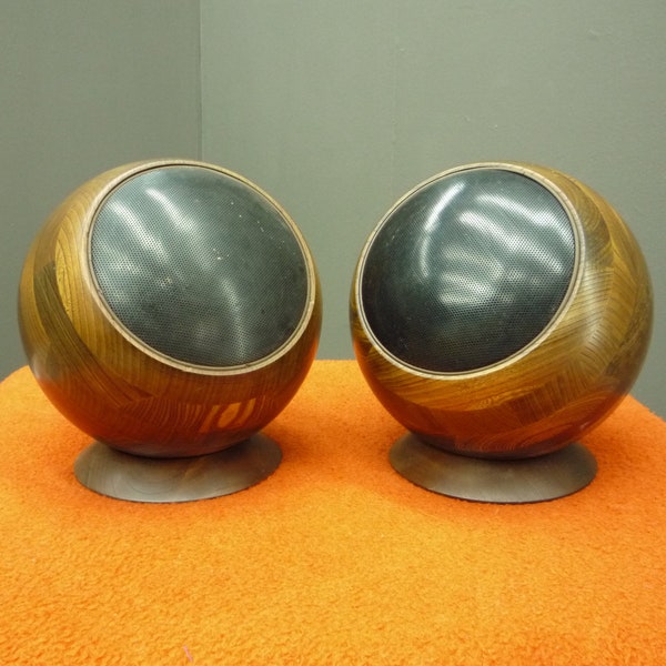 Space Age Ball Wood Sphere Speakers, 1970s, Set of 2