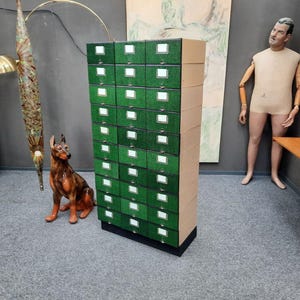 Könnte beinhalten: Ein hoher, grüner Schrank mit mehreren Schubladen, die jeweils mit einem weißen Etikett versehen sind. Der Schrank steht vor einer grauen Wand, mit einer braunen Hundestatue und einer Schaufensterpuppe in der Nähe. Der Schrank ist ein Aufbewahrungsmöbel.