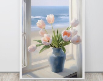 May include: A framed art print featuring a vase of pink tulips in front of a window overlooking the ocean. The blue vase holds the flowers, with the ocean and beach visible through the window. The artwork is framed in a white border.