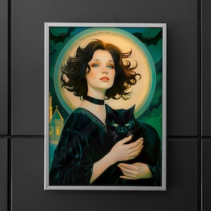 May include: A framed digital illustration featuring a person with dark wavy hair and a black choker, wearing a dark garment while holding a black cat. The background displays a large glowing moon, silhouettes of flying bats, and a distant building.