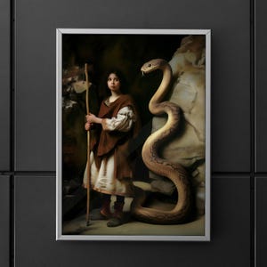 May include: A framed wall art print depicting a person with dark hair wearing a brown poncho and light-colored tunic, holding a wooden staff. Beside the person stands a large, coiled tan snake with dark brown markings against a rocky backdrop.