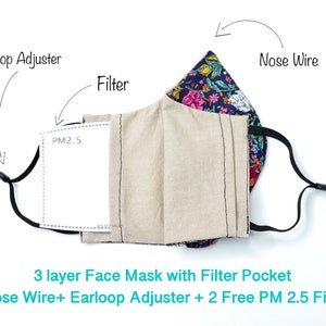 Floral face mask, face mask with nose wire, filter pocket, washable, reusable, kids, women, men, free face mask filters, Cotton face mask image 2