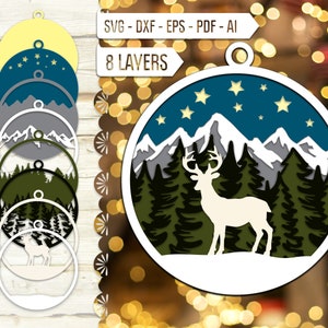 Ornement de Noël de renne en couches Svg.3D Scène de Noël Svg. Multi Layer Svg.3D Ornement laser Svg. Cerf de Noël dxf, eps, pdf, ai