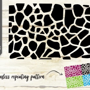 May include: Black and white seamless repeating pattern of irregular shapes resembling animal skin. The pattern is shown in four different colour variations: pink, black, green, and blue.