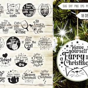 Ornement de Noël de chat Svg Bundle. Ornements de Noël ronds Svg. Joyeux Noël Svg. Pet Animal Citations, Dictons, Phrases Dxf Eps Png Pdf