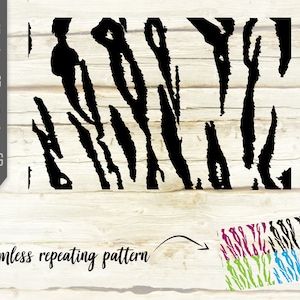 May include: Black and white zebra stripe pattern, seamless repeating pattern. The pattern is shown in a small square with the words "seamless repeating pattern" above it.