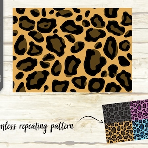May include: A seamless repeating pattern of leopard print in brown, black, and tan. The pattern is shown in four different color variations: black, pink, brown, and blue.
