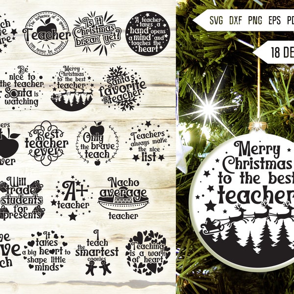 Teacher Christmas Ornament Svg Bundle. Round Christmas Ornaments Svg. Merry Christmas Svg. Teaching Quotes, Sayings, Phrases Dxf Eps Png Pdf