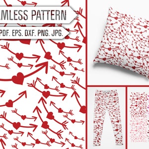 May include: A seamless pattern featuring red arrows with hearts on a white background. The pattern is shown on a pillow, leggings, and a background with a gradient of pink and red.