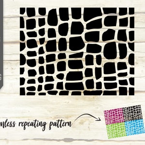 May include: Black and white seamless repeating pattern of crocodile skin texture. The pattern is shown in four different colours: magenta, black, green, and blue.