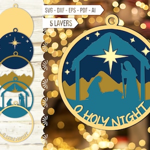 Presepe 3D Ornamento di Natale Svg. O Holy Night Svg. Scena di Natale stratificata Svg. Multi Layer Svg.3D Laser Ornamento DXF EPS PDF AI