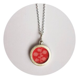Necklace with pendant with fabric inlay red small flat, Cottons, silver chain, necklace with pendant