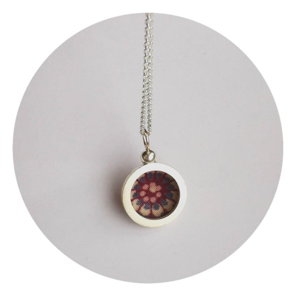 Chain with pendant with fabric inlay purple small round, cottons, silver chain, chain with pendant