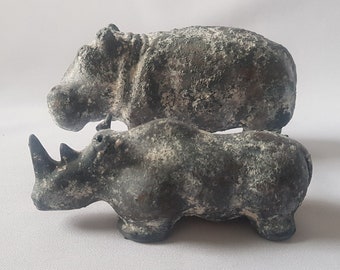 2 vintage ceramic animal figures in stone look, a rhinoceros and a hippo, grey ceramic in fat lava style, home decoration, gift