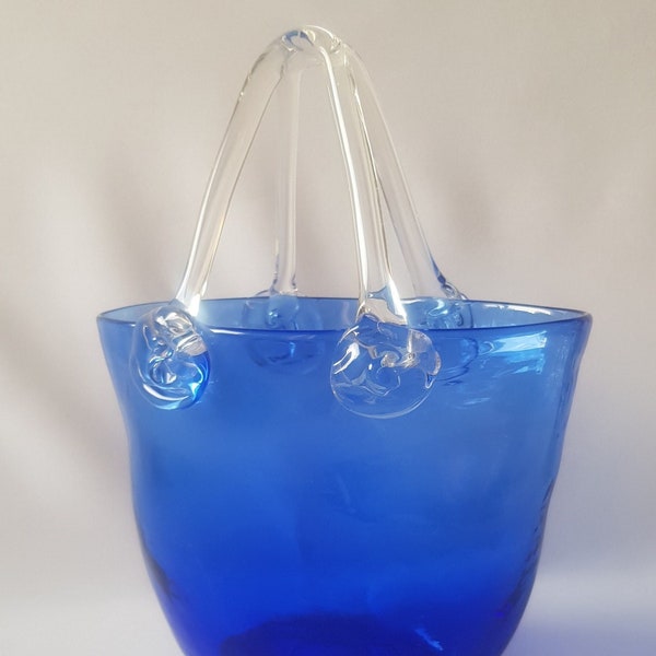 Cobalt Blue Vintage 70s Murano Italy Glass Vase Bag Basket with Handle Designer Piece Glaskunst