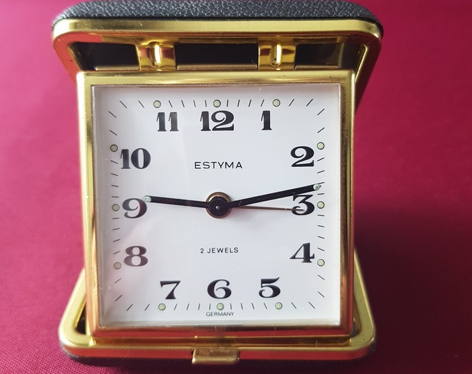 Vintage Reisewecker Estyma, 2 Jewels, Germany, travel alarm clock,alte Reise Wecker,Sammler