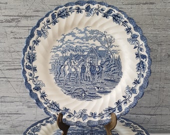 Myotts landleven in blauw. Gemaakt in Engeland, zeer groot 27 cm. Dinerbord, dinerbord, plaatsbord, als set met 4 x borden of met 6 borden