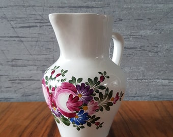 Beautiful white vintage jug with hand-painted flowers, juice jug, water jug, milk jug, country style, retro kitchen, signed